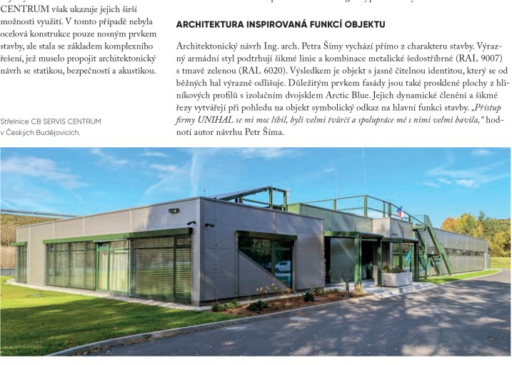 75 tun oceli a náročné technické řešení: Oceněná střelnice CB SERVIS CENTRUM v časopise KONSTRUKCE