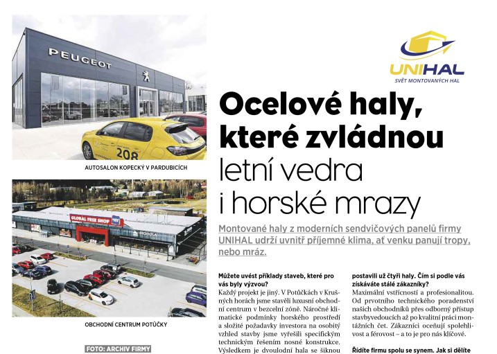 Montované ocelové haly Unihal v celostátním deníku MF Dnes