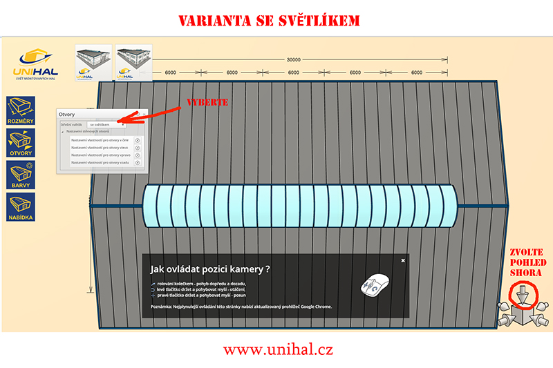 konfigurátor haly - pohled na střechu