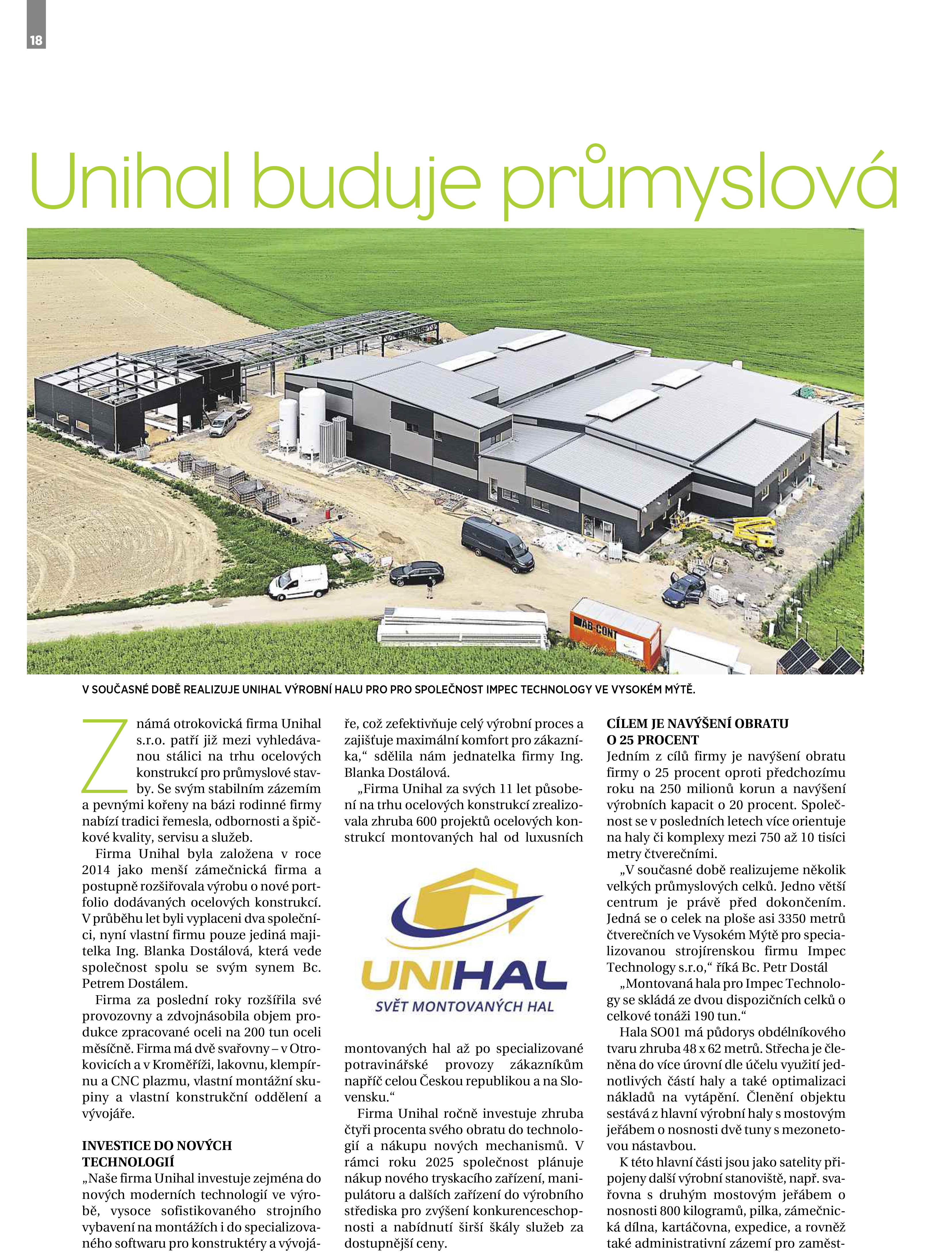 Unihal realizuje velká průmyslová centra napříč Českou republikou