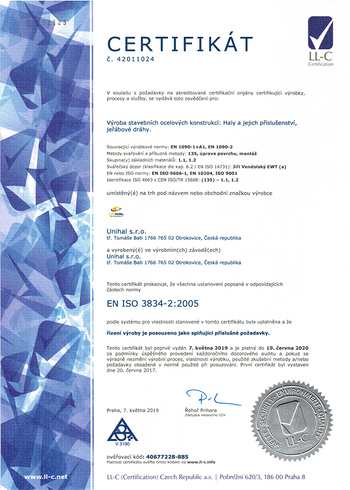 Certifikát EN ISO 3834-2:2005